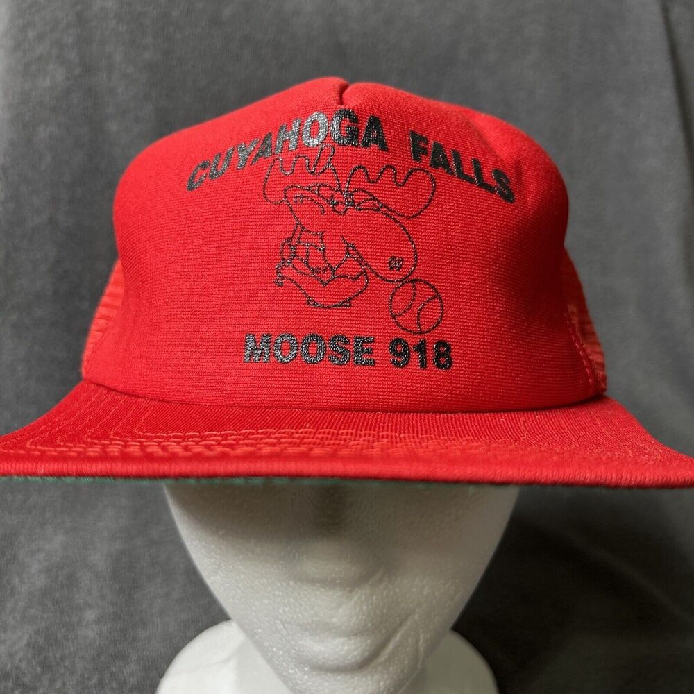 Vintage New Era SnapBack Mesh Trucker Hat Cuyahoga Falls Moose Red Cap USA